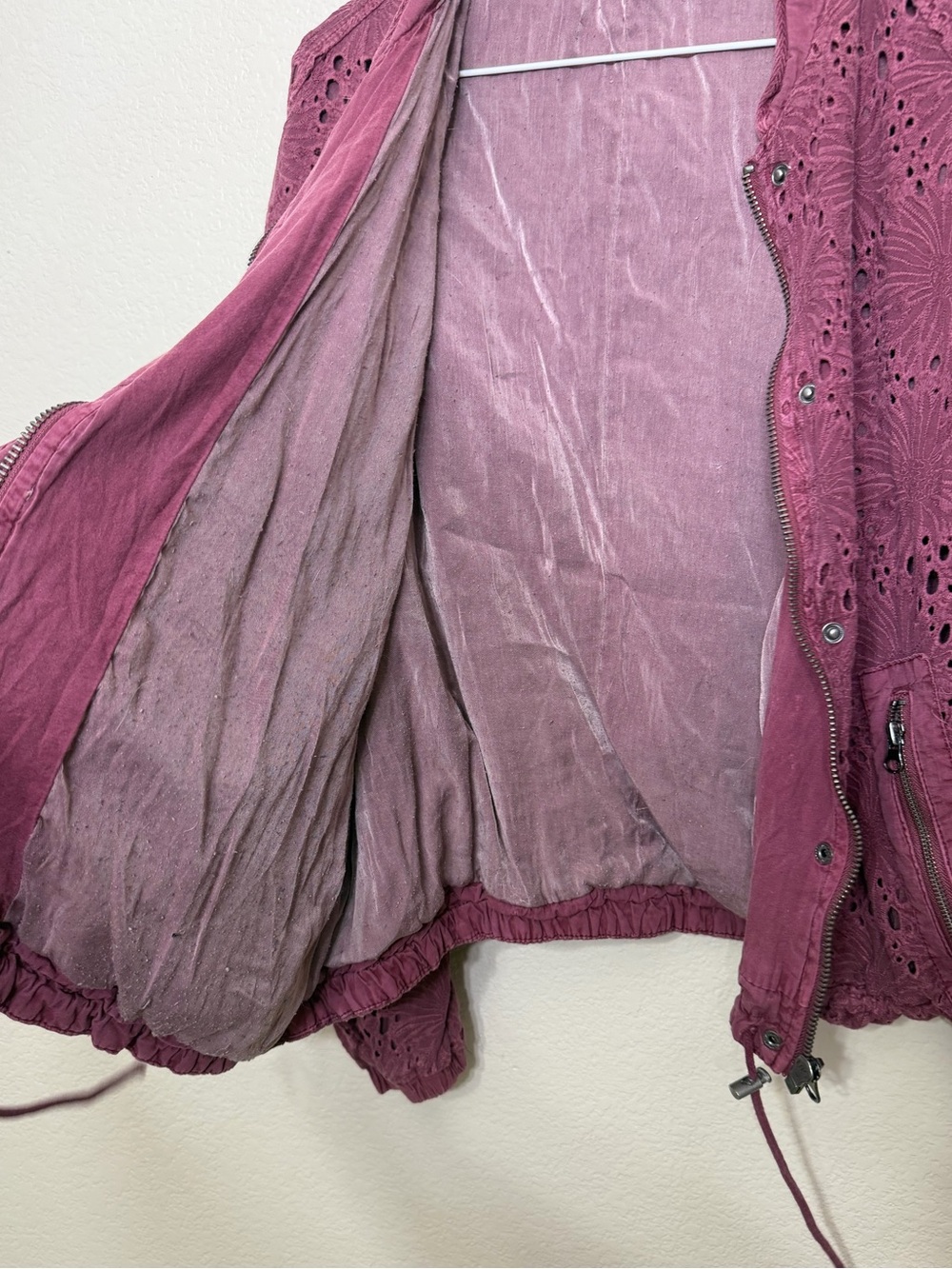 Free People Daisy Jane Bomber Jacket Eyelet Raspberry Purple Slouchy Oversized S - Picture 12 of 16